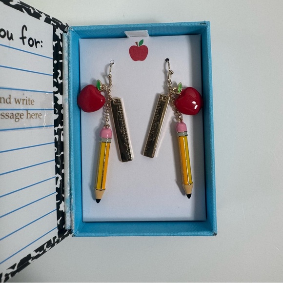 Betsey Johnson Back to School NotebkGold Tone Ruler Pencil W/Apple Earrings NIB - Picture 3 of 15